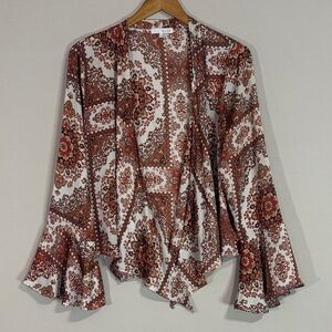 Honey Belle Boho Paisley Bell Sleeve Tie Front Blouse Medium
